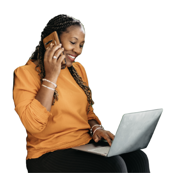 Smiling woman talking on the phone, providing help with business needs.