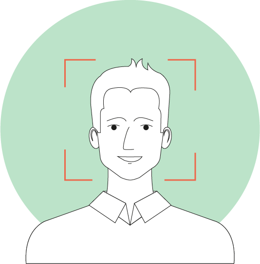 A man's face circled, symbolizing clients' identities
